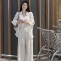 慵懒风宽松衬衫+高腰阔腿长裤套装